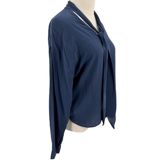 Sandro Womens Navy Blue Tie Neck 100% Silk Blouse Top Long Sleeve Shirt XS - Picture 5 of 11